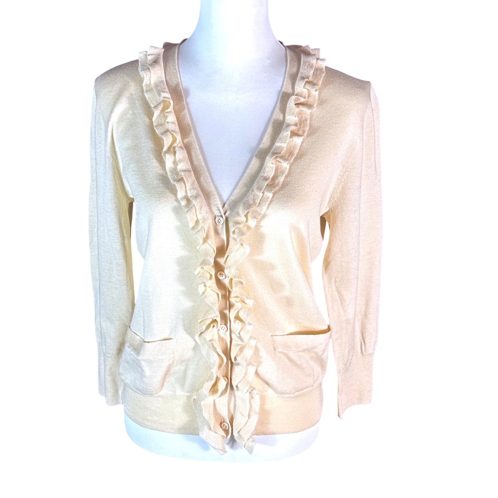 J.Crew Cardigan NWT Women M Cream Ruffle Trim Pima Cotton Wool 29003